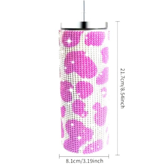 Pink/White Cow Print Stainless Steel Insulated Water Bottle w/Lid & Straw, NWOT - Picture 1 of 4